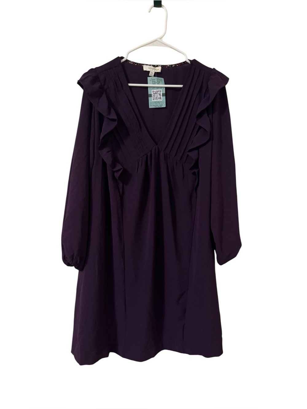 Umgee Deep Purple Pintuck Pleat Babydoll Dress Ruffle V-Neck Long Sleeve Size 2X